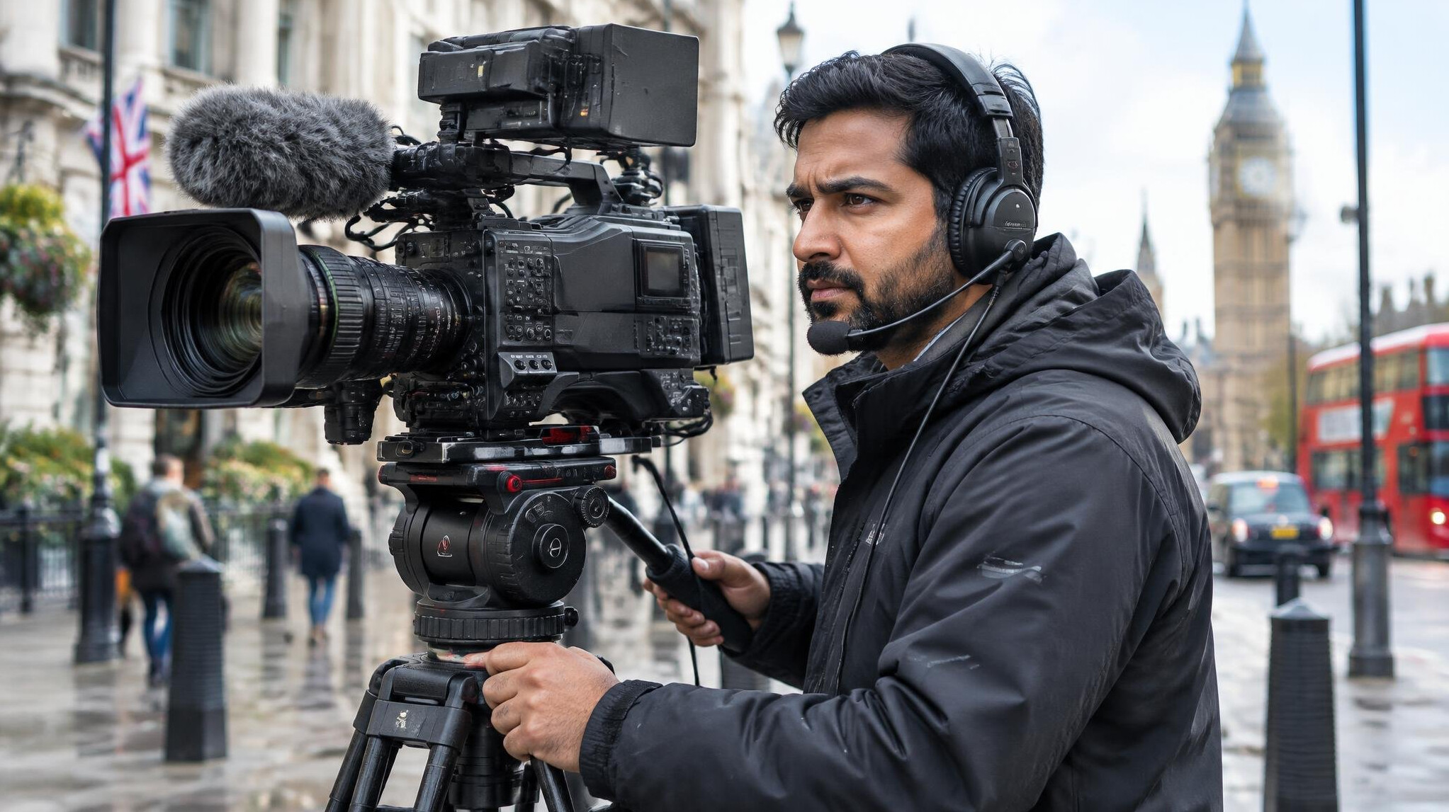 Camera operator filming a live news broadcast outdoors