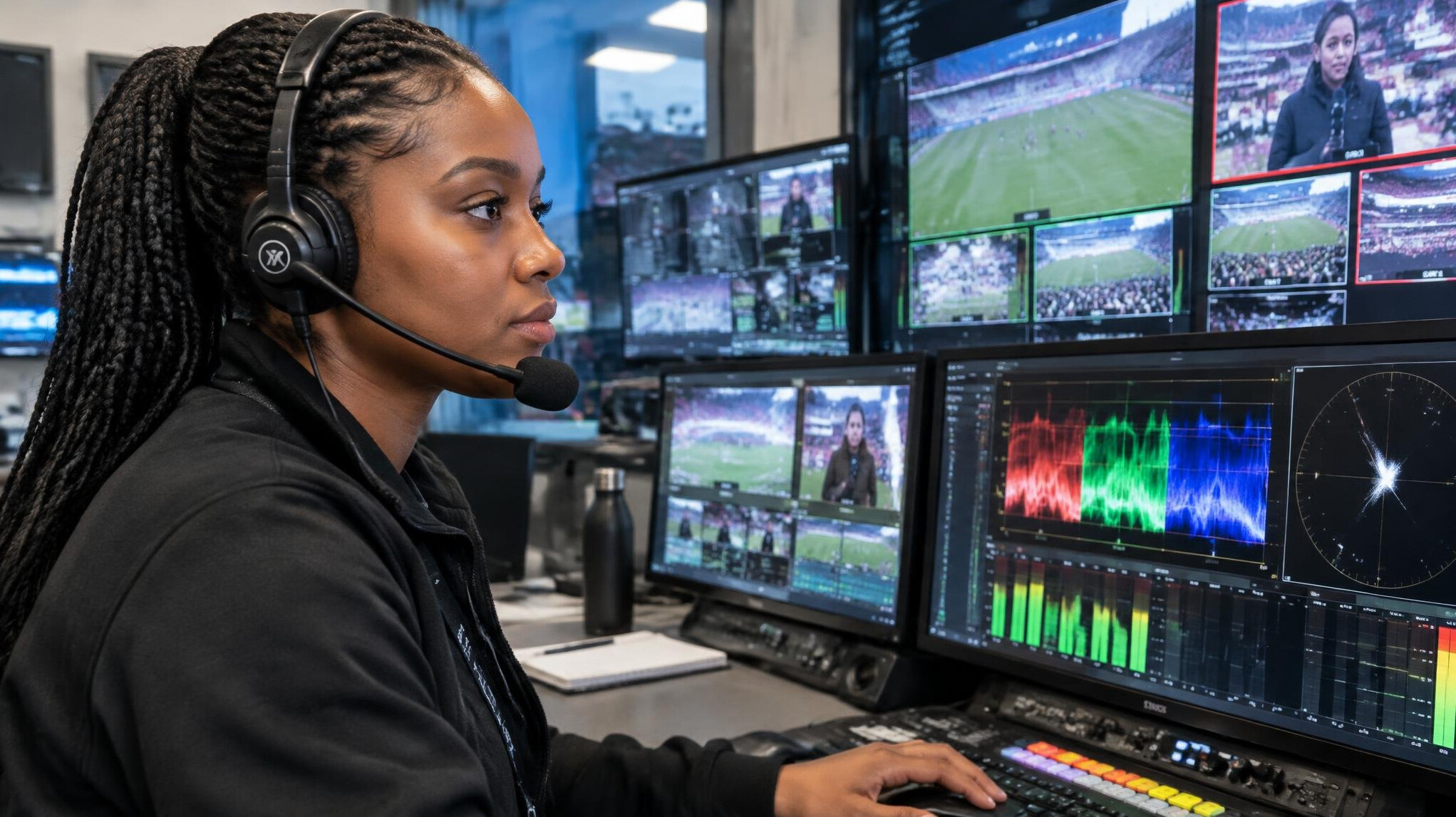 Technician monitoring live signal feeds on multiple screens